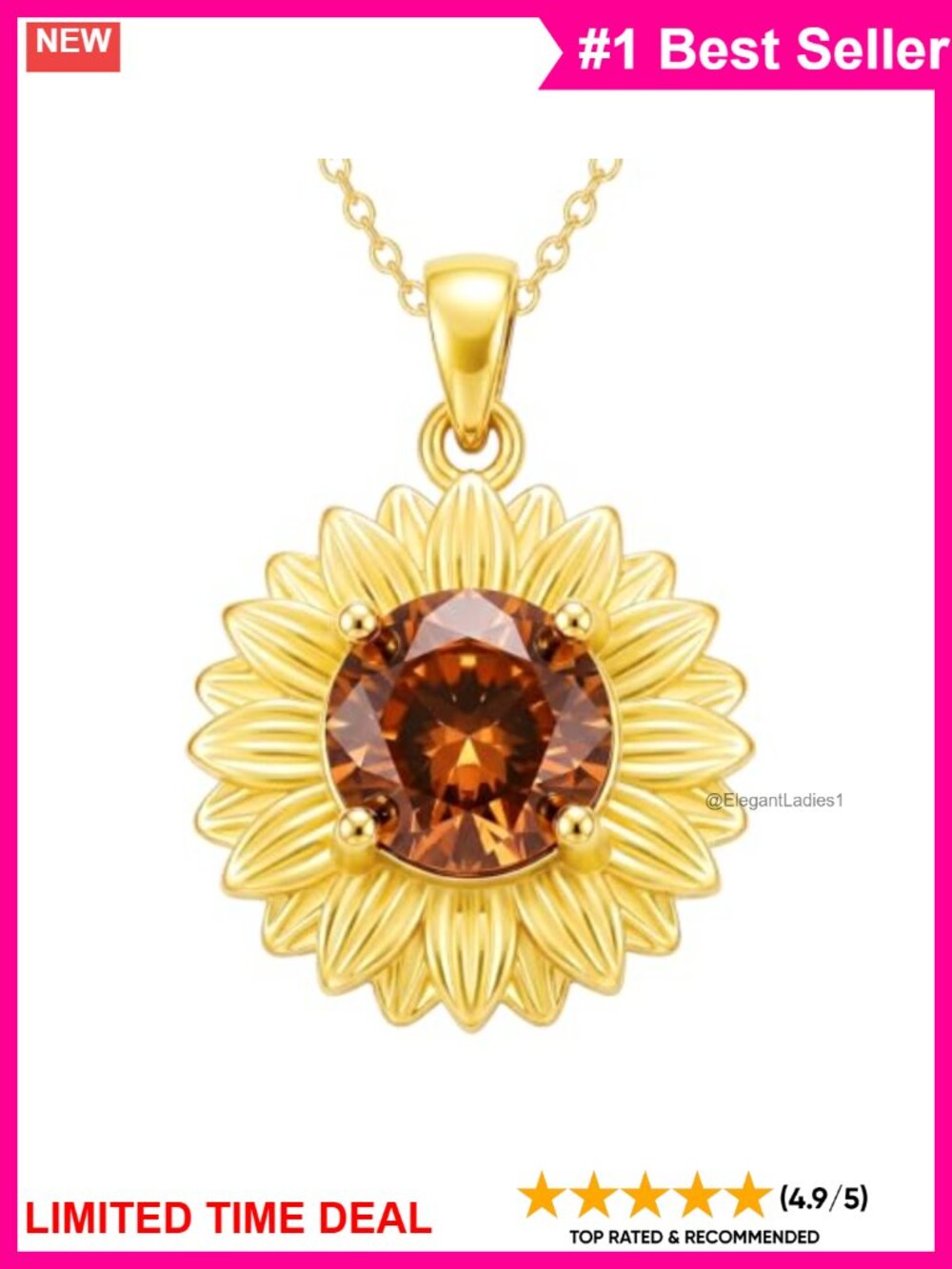 Sunflower Pendant Necklace 925 Sterling Silver Created Smoky Quartz 18+2" Chain
